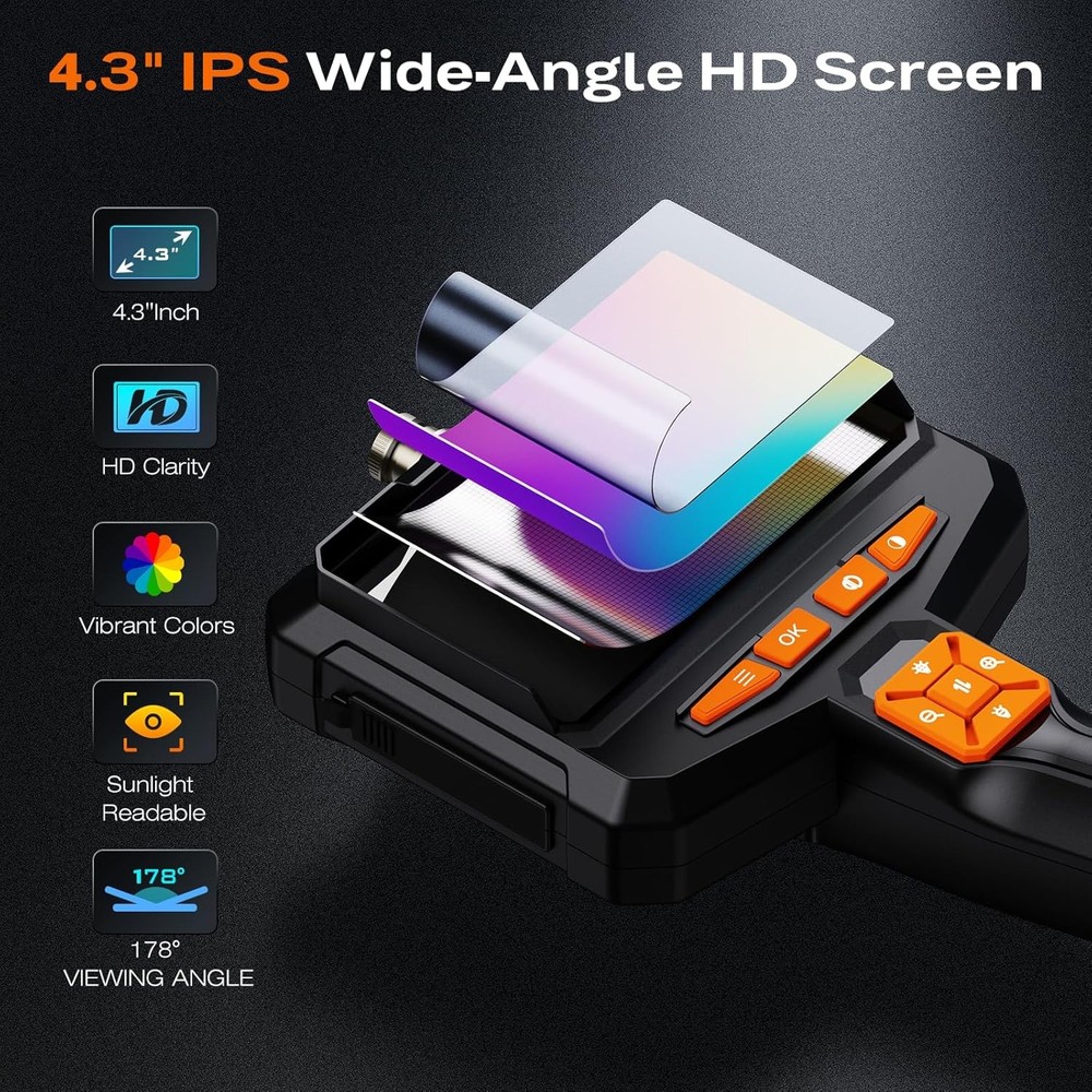Endoscope Camera with Light, Handheld Borescope 4.3" IPS Screen, black