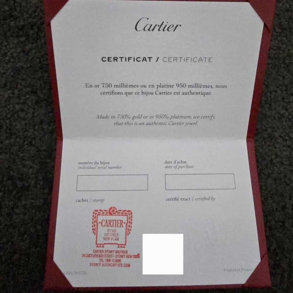 Cartier Authentication Certificate