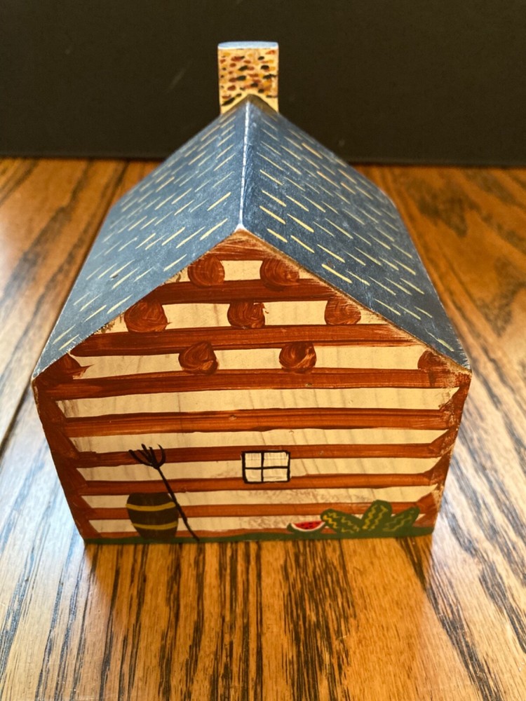 Vintage Cobblestone Lane Handpainted Log Cabin Solid Wood 1971 Signed
