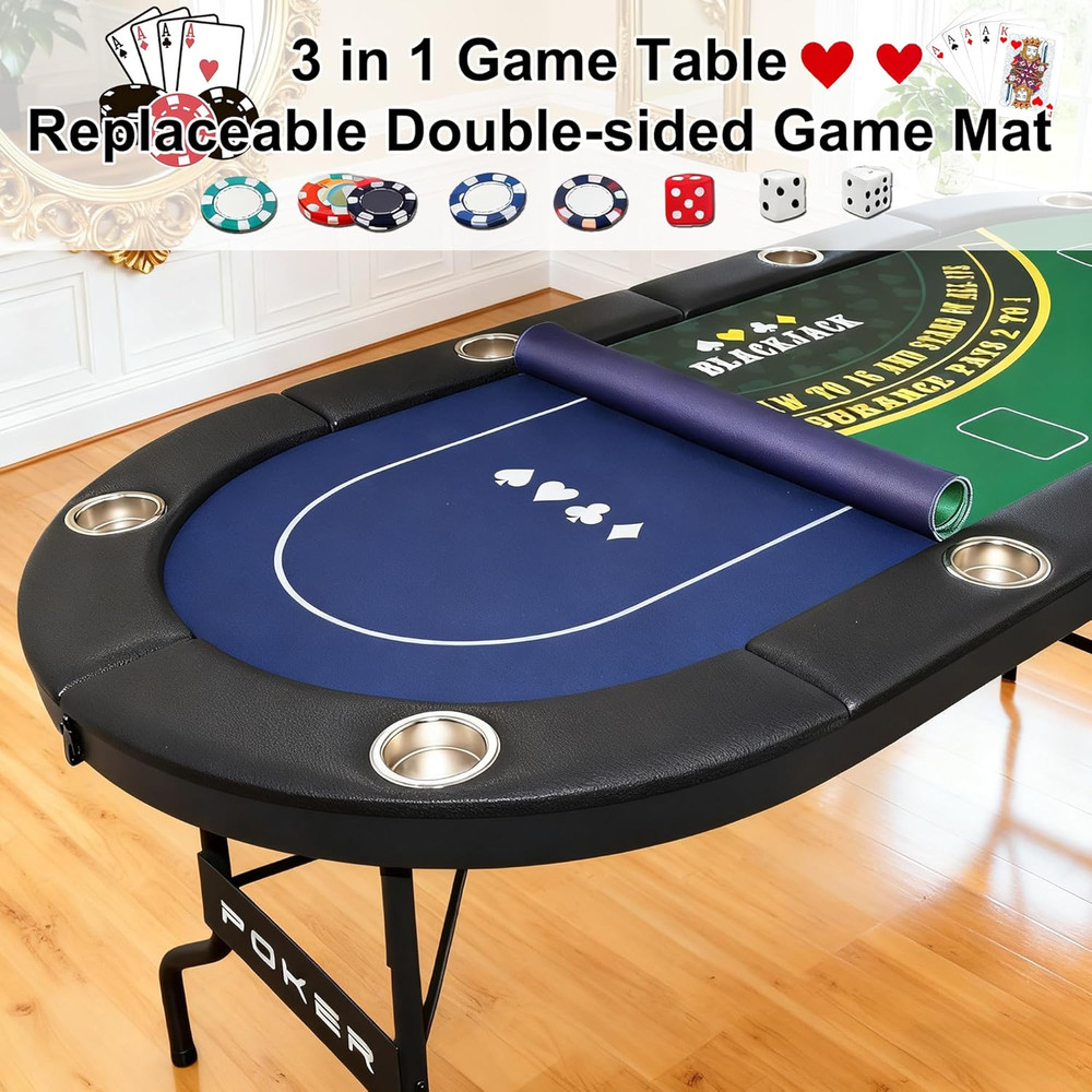 3-in-1 Foldable Poker Table for 8 with Reversible Mat & Cup Holders