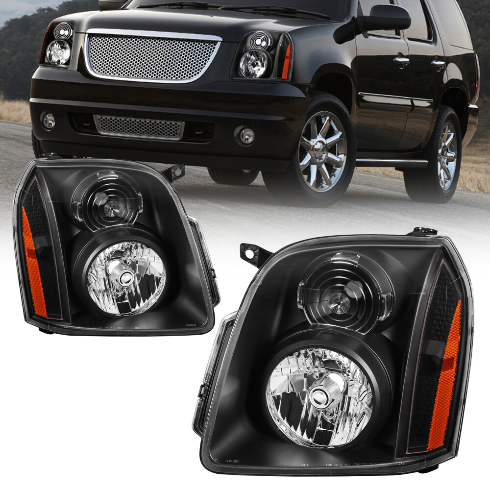 Pair Front Headlights Assembly For 2007-2014 GMC Yukon Denali XL Black Housing