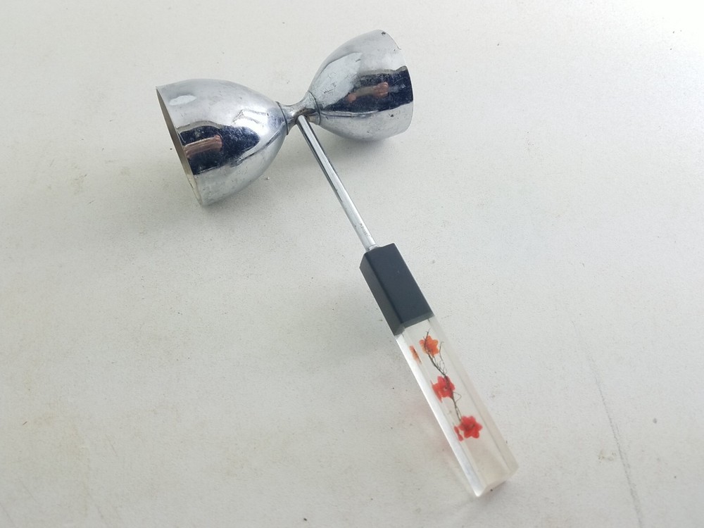 Vintage Jigger With Lucite Handle Embedded Flowers