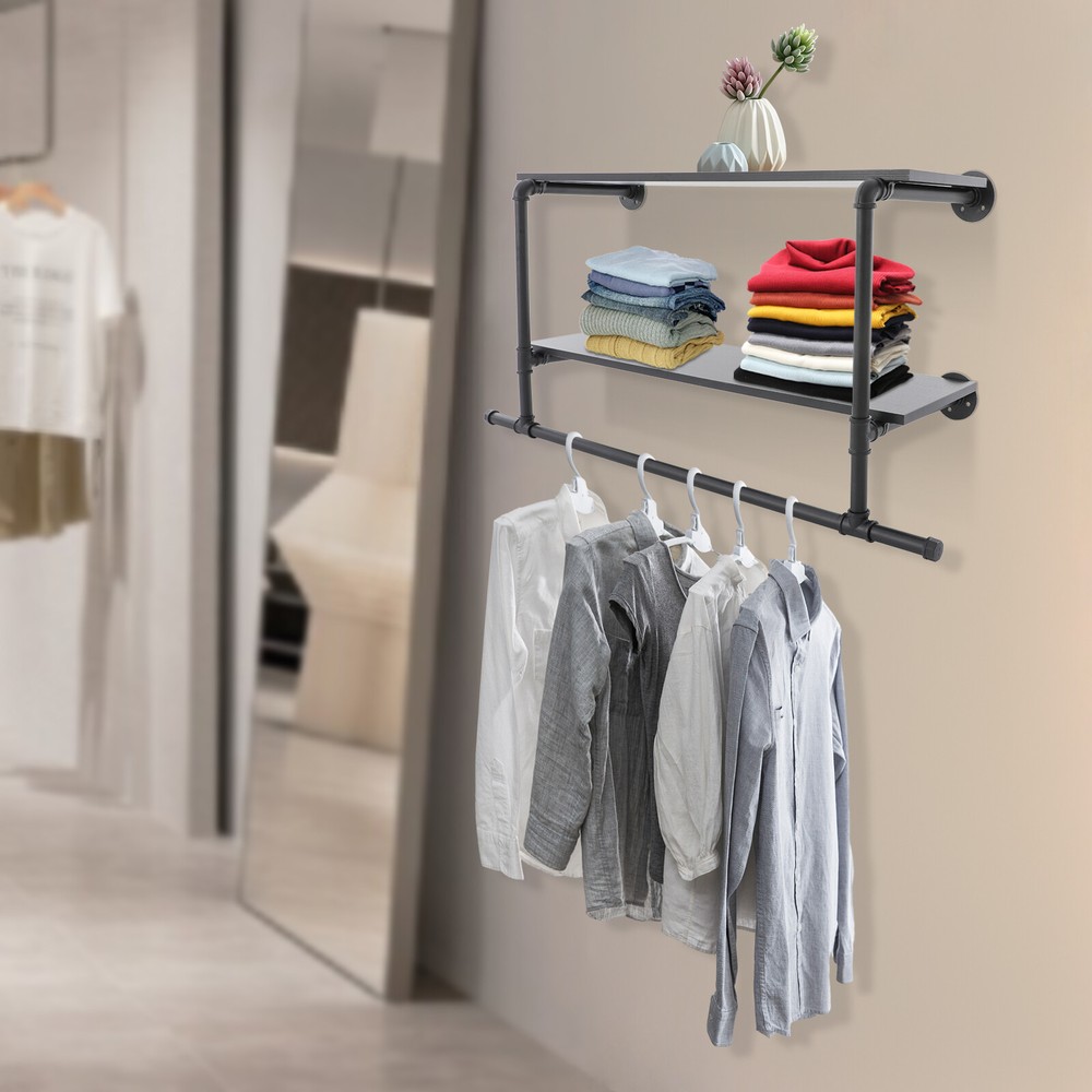 Clothes Display Rack with 2-tier Shelves Wall Mounted Clothes Rack Garment Rack