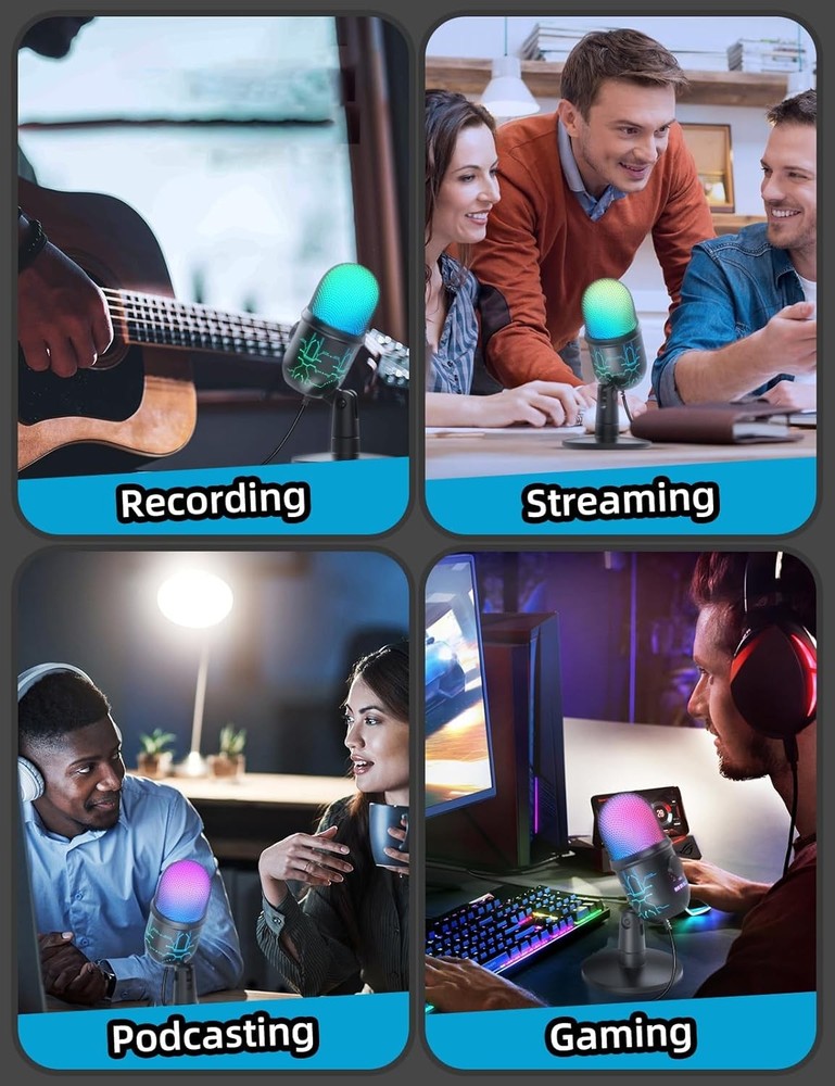 Gaming Microphone, USB Computer Microphone for PC, Mac, PS4/5, Condenser Podcast