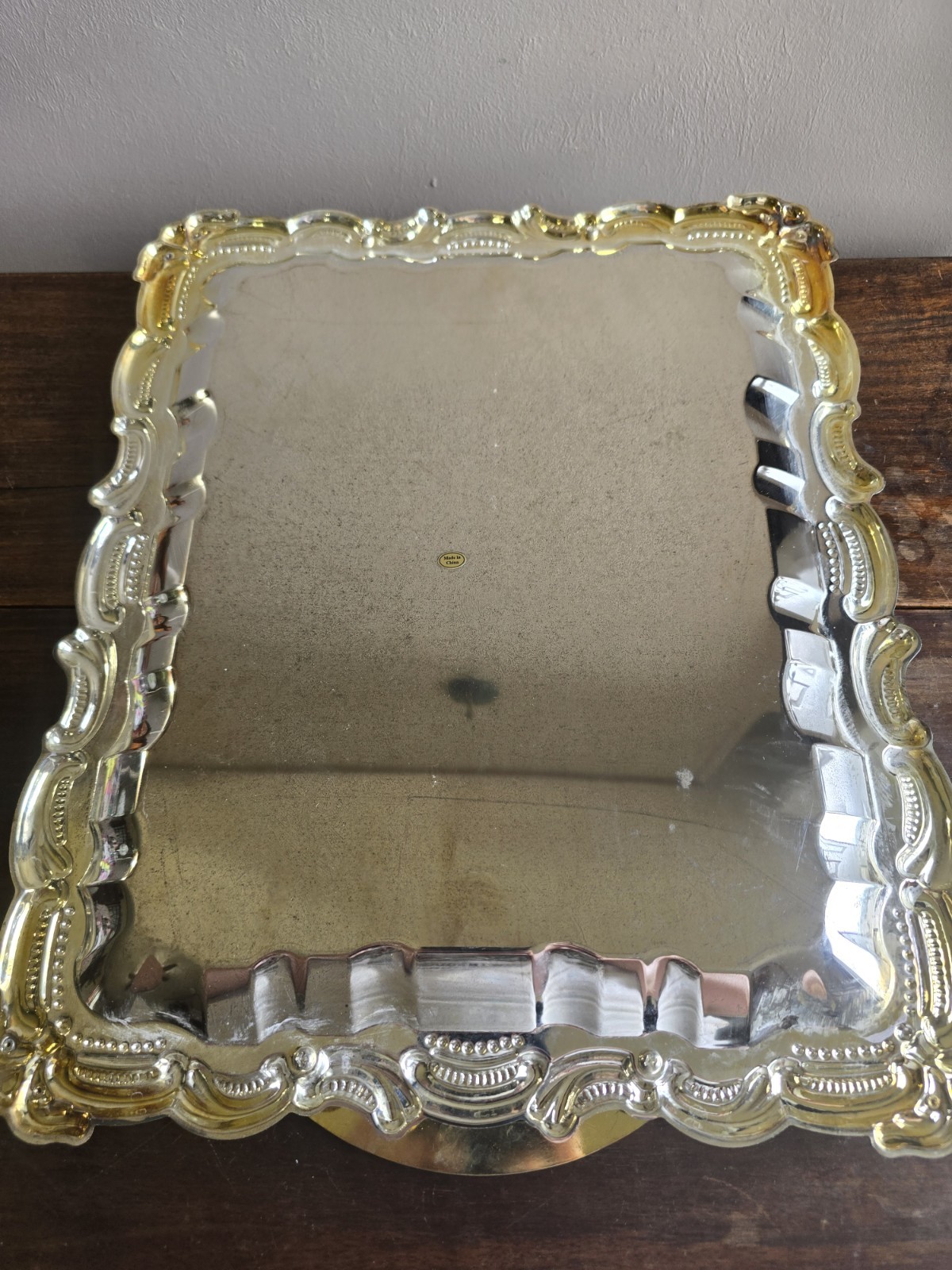 VTG Set Of 2 Dakco Silver Plated Retangle Baroque Trays W/Gold Handles & Leaves