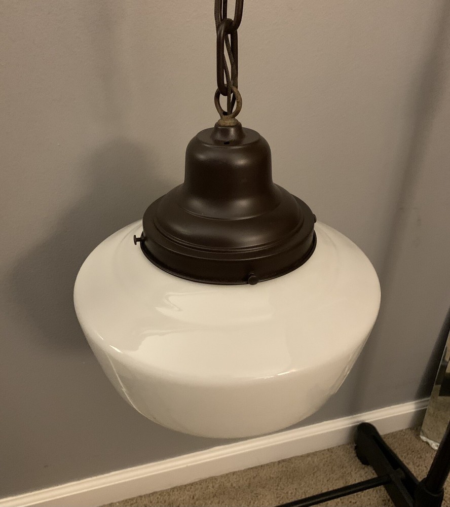 33” Long Antique Pendant Light 12” White Globe Rewired Nice *****