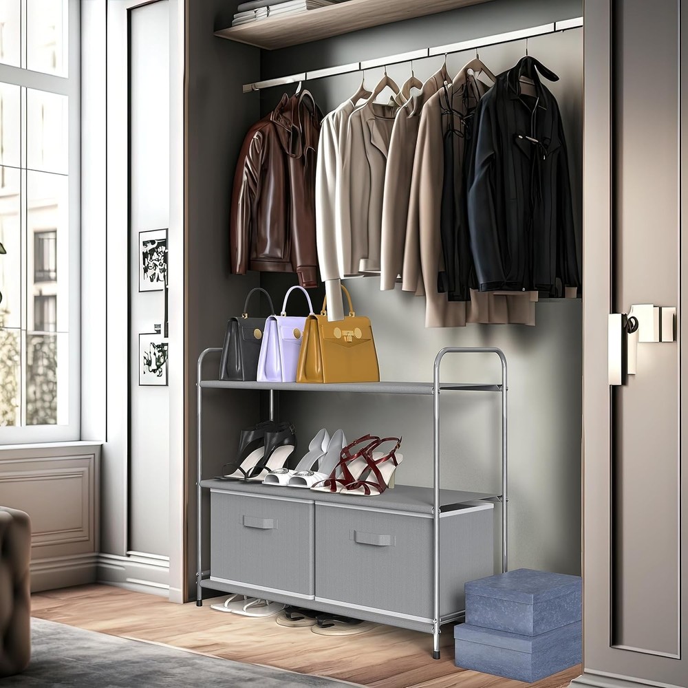 3-Tier Closet Storage W/ 2 Drawers Grey