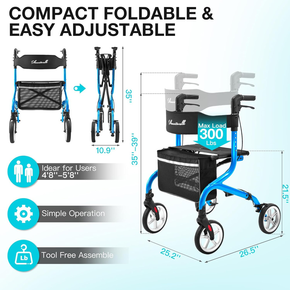Super Lightweight Rollator Walker for Seniors, Foldable Rolling Walker with Seat