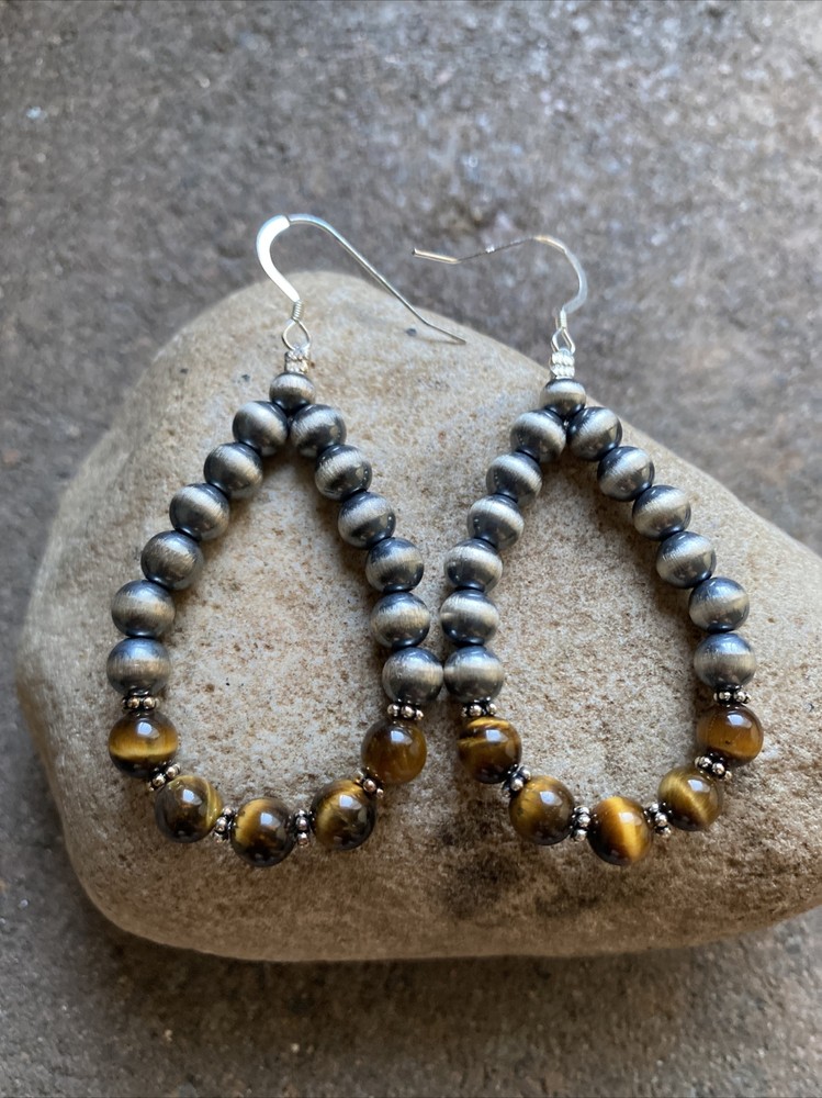 Sterling Silver Tiger’s Eye W Pearls Bead Loop Earrings.