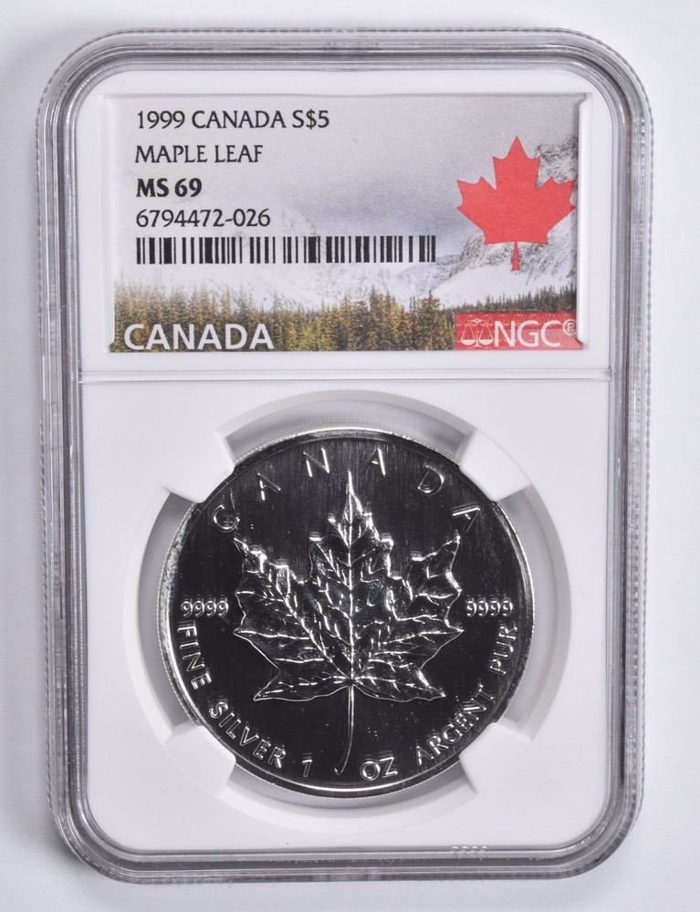 1999 Canada Silver 5 Dollars Maple Leaf MS69 NGC Canada Lbl
