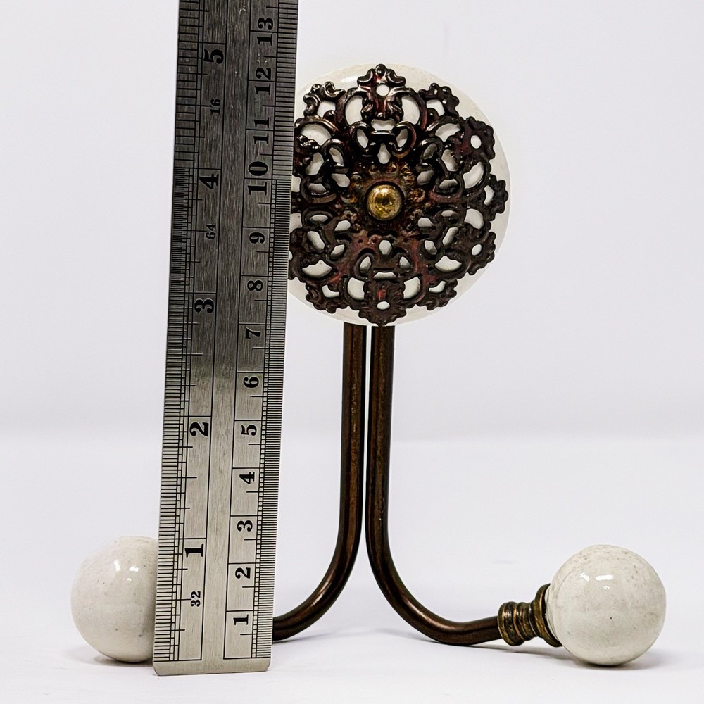 Ornate Brass Double Wall Hook White Ceramic Knobs Rustic Cottage Decor
