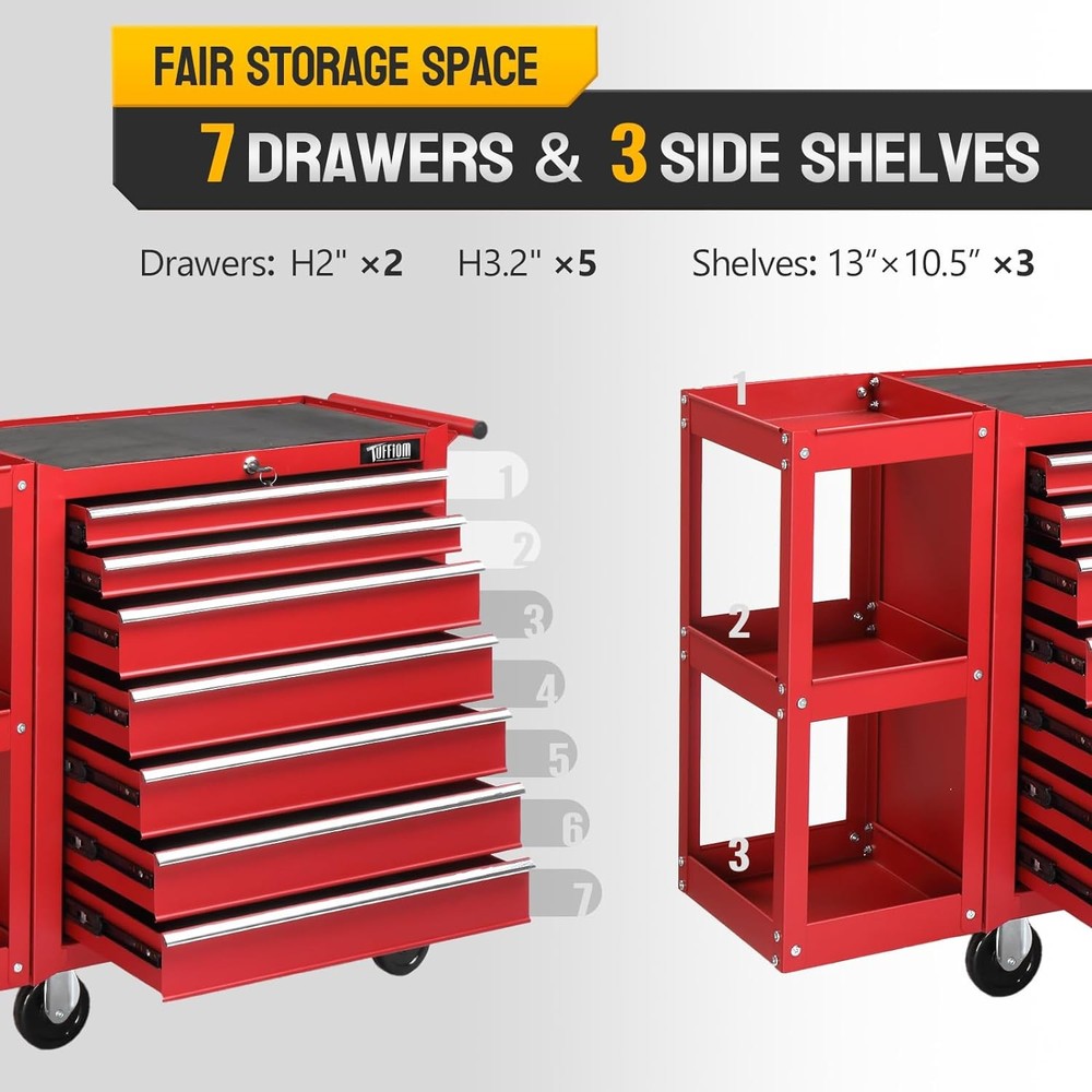 7-Drawer Rolling Tool Chest Tool Box with Lock & Key & Side Shelves for Workshop