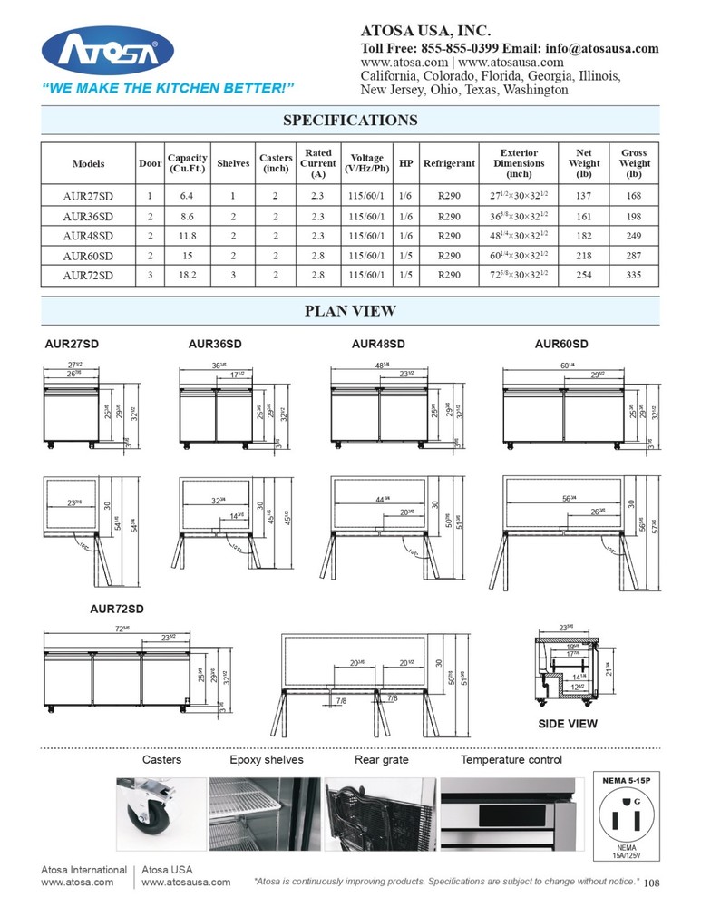 Atosa AUR60SD, 60-Inch Undercounter Refrigerator