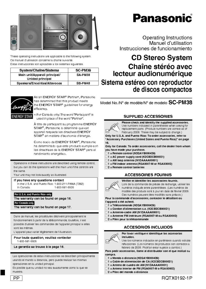 Panasonic SA-PM38 CD Stereo System Owners Instruction Manual