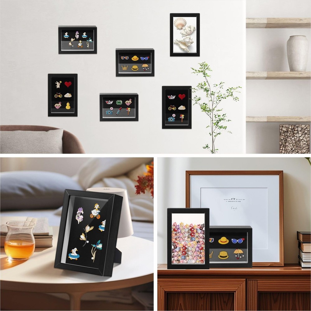 Black Lapel Pin Display Case, 6x8 Shadow Box Frame for Walls and Desktops,Sha...