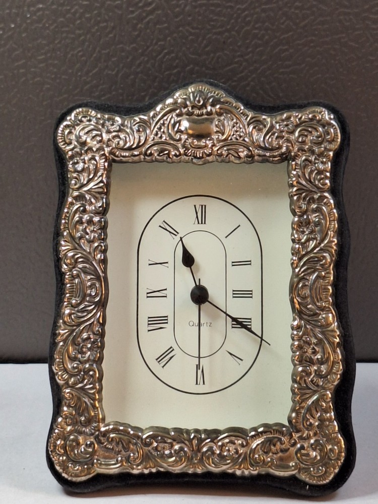 Vtg Silver Framed Quartz Clock Scrolled Design Tabletop