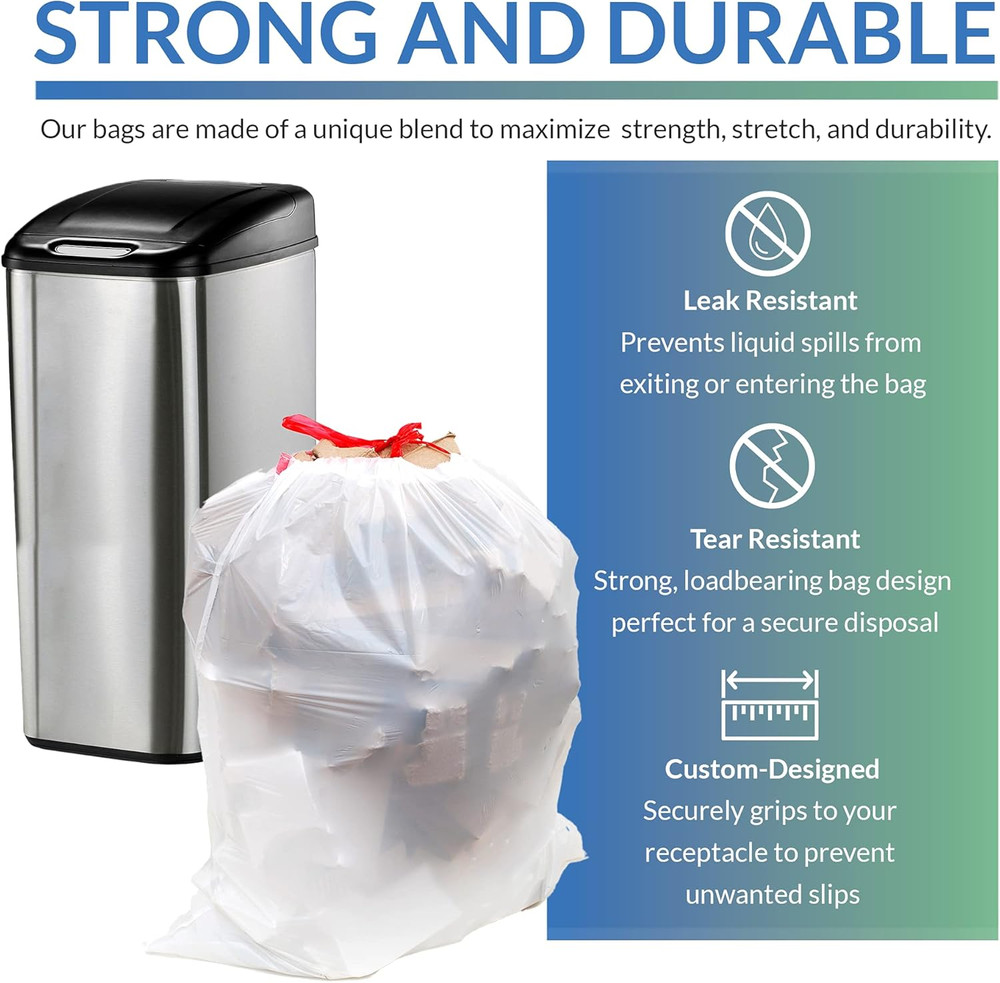 Drawstring Trash Garbage Bags, Tall Kitchen, 250 Count Bulk, White, 13 Gallon -