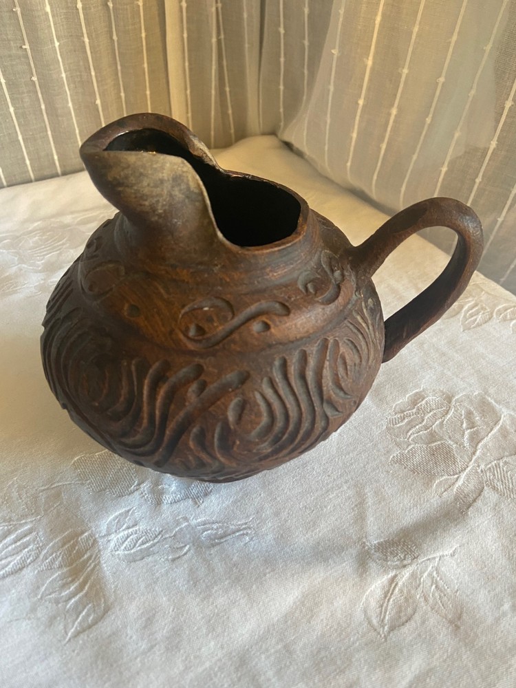Clay Carved Small Pitcher from China Scrollwork Design 6 inches high
