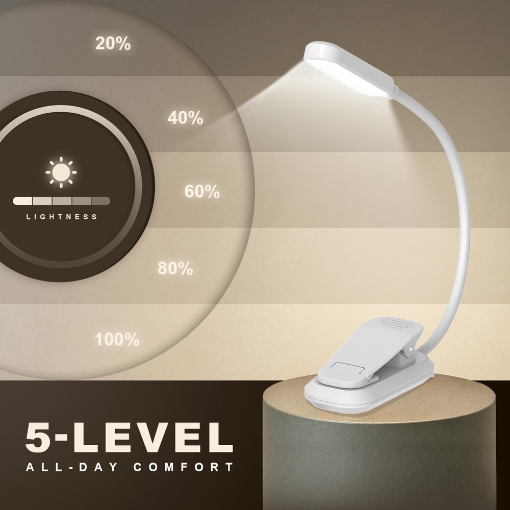 Flexible Rechargeable Book Light - Lightweight, 15-Level Dimming & Portable