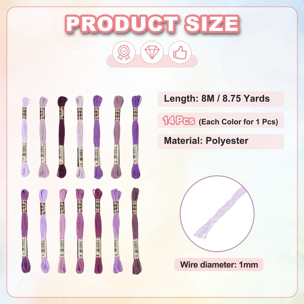 14 Skeins Embroidery Floss, Polyester Threads Multicolored Purple