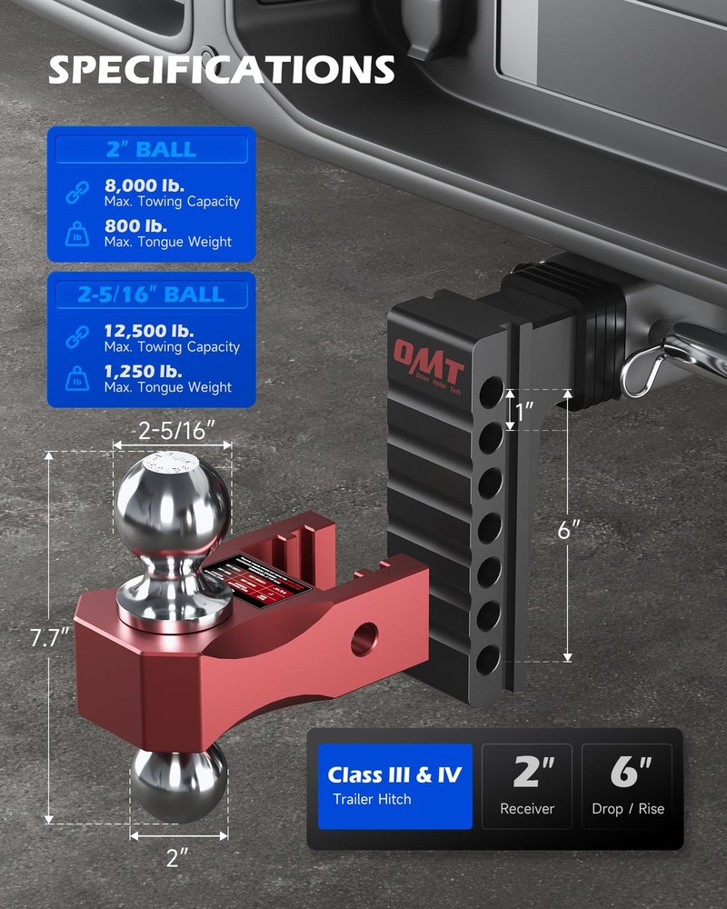 Orion Motor Tech Adjustable Trailer Hitch for 2 2" Shank & 6" Drop, Wine Red