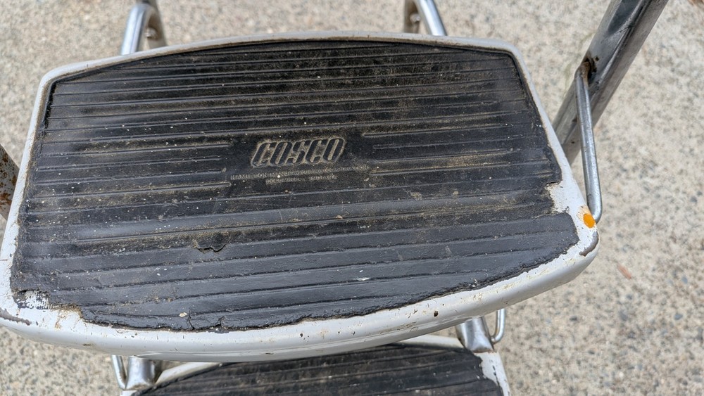 Vintage Aged White Cosco Step Stool Unique Back