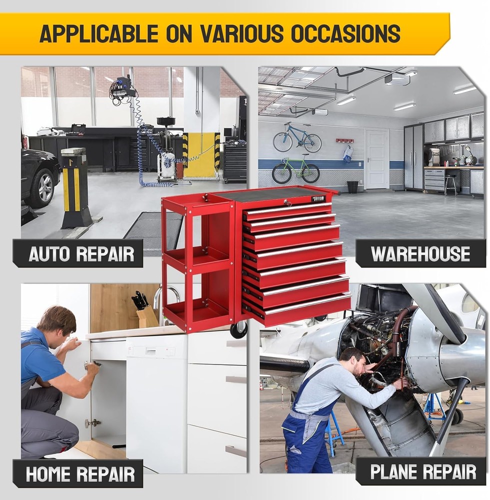 7-Drawer Rolling Tool Chest Tool Box with Lock & Key & Side Shelves for Workshop