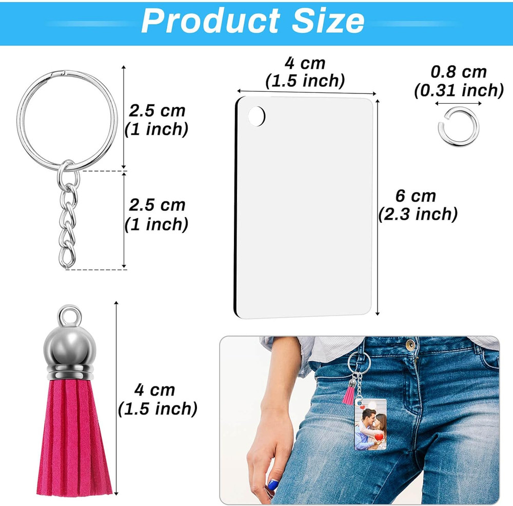 120Pcs Sublimation Keychain Blanks Bulk Set with Rectangle Sublimation Blanks Ta