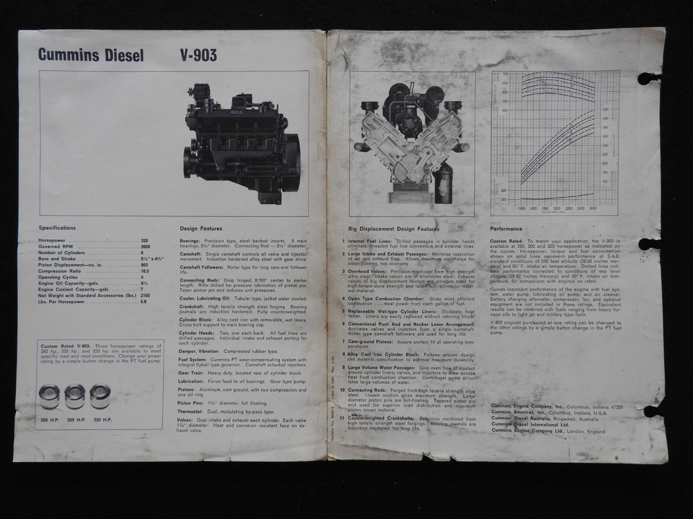 1967 GENUINE CUMMINS "INTRODUCING THE 903 DIESEL ENGINE" SPECIFICATION BROCHURE