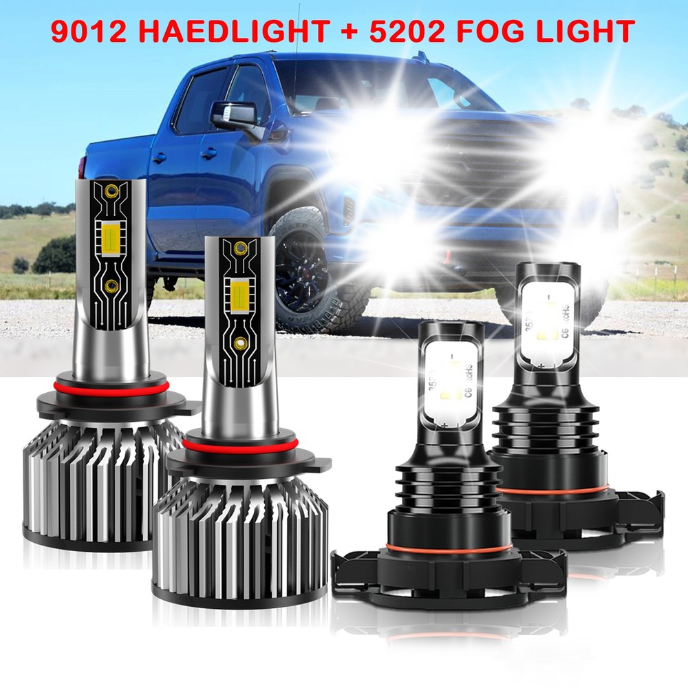 For 2014 2015 GMC Sierra 1500 White 9012 LED Headlight + 5202 Fog Light Bulb 4x
