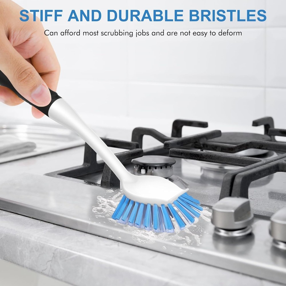 Dish Brush with Handle, 2 Pack Stiff Bristles Dish Scrubber Built-in Scraper