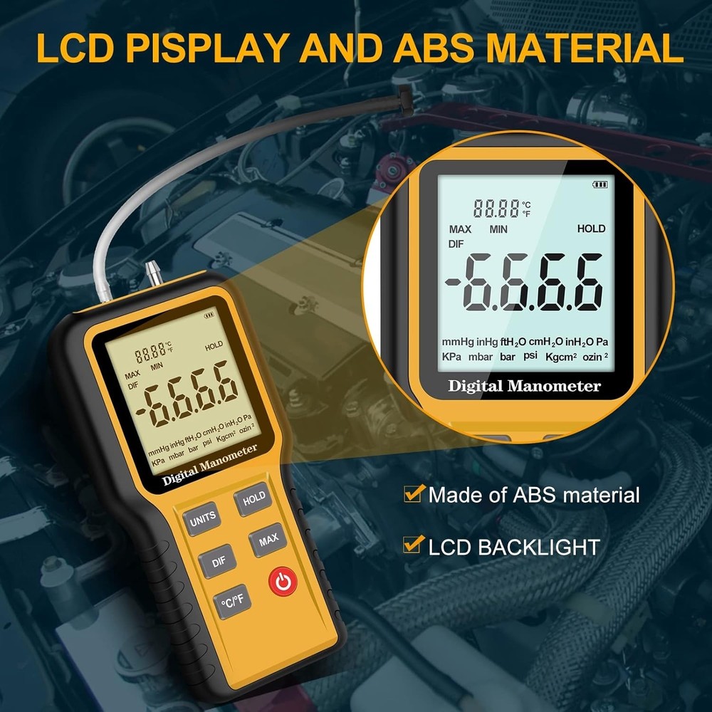 Handheld Digital Manometer - Accurate Gas Pressure Tester with Backlight Display