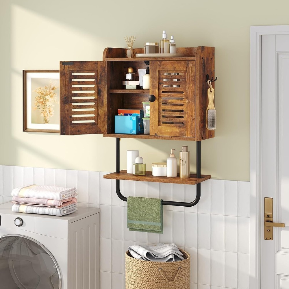 Bathroom Wall Cabinet, Double Doors Cabinet with Towel Bar, Rustic Brown