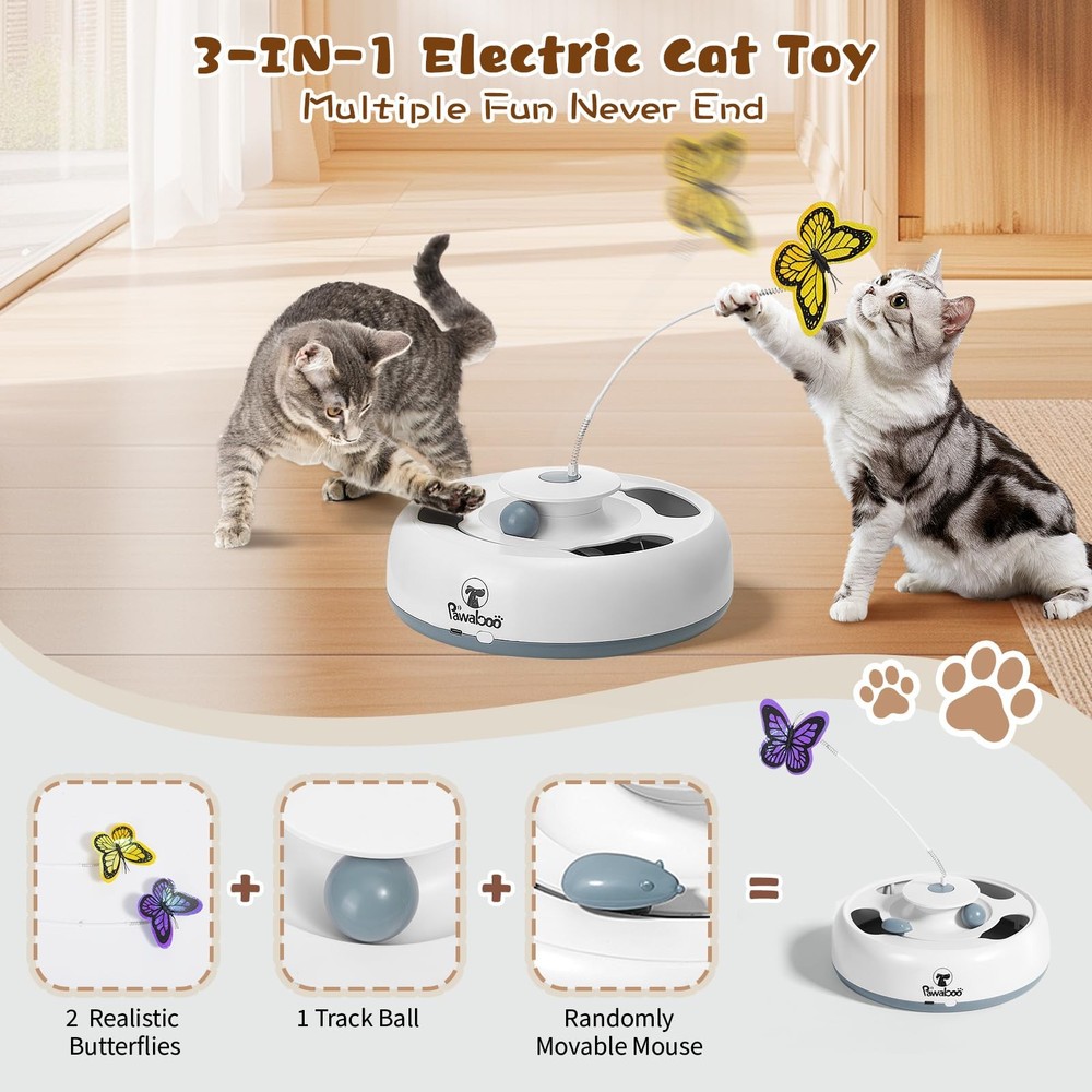 Pawaboo 3-in-1 Automatic Interactive Cat Toy, Electronic Motion White+Gray