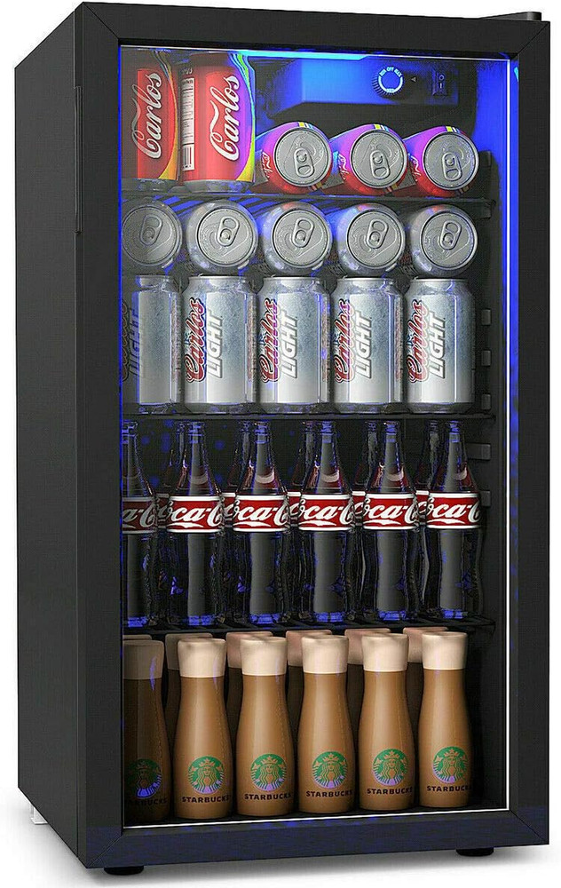 Compact 120 Can Beverage Refrigerator with LED Light and Adjustable Shelves