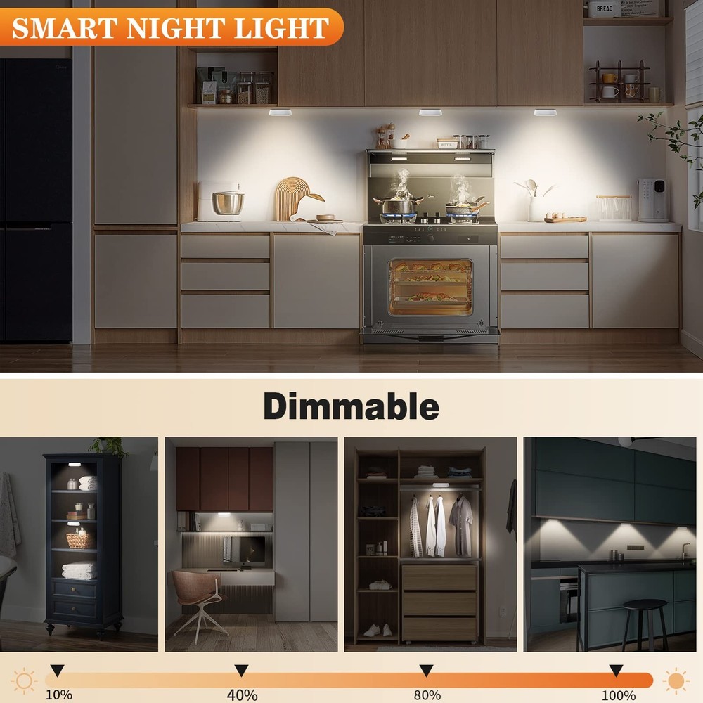 Warm Color LED Closet Lights Wireless Motion Sensor Puck Light, USB Rechargea...