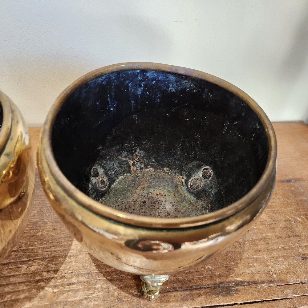 Antique Solid Brass Three Small/Medium Cache Pots on Styalised Liohead/Paw Feet