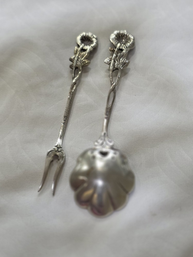 .800 Silver Alloy Rose Pattern Fork and Spoon Set, Antique Flatware Pair