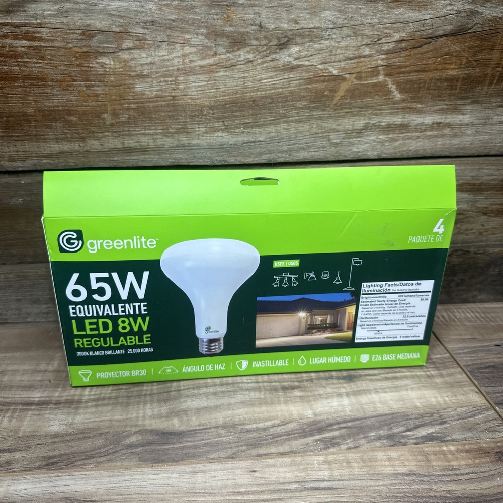 4 Pack Greenlite LED 8W = 65W BR30 Floodlight Light Bulbs