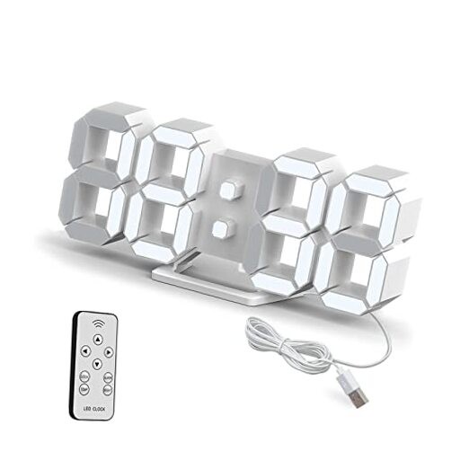 LED Clock, 3D Digital Wall & Desk Alarm Clock with Snooze, Dimmable White