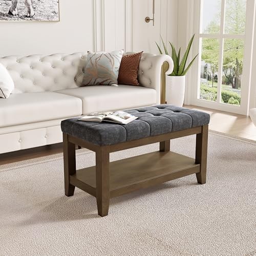 Solid Rubber Wood Shoe Bench, Soft Chenille Material 31.5" Chenille & Dark Gray