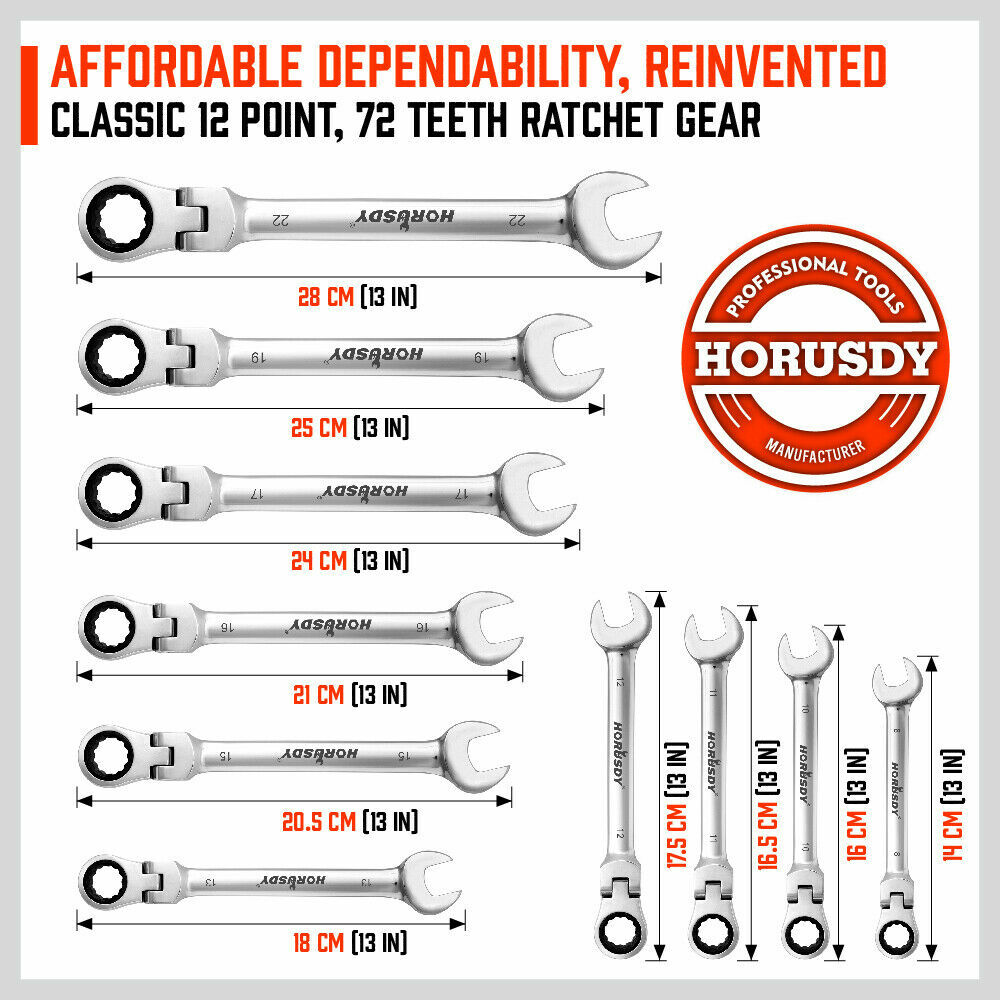 10Pc 8-22mm Flexible Head Ratcheting Wrench Combination Spanner Auto Tool Metric