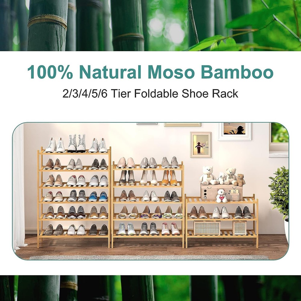 4-Tier Bamboo Shoe Rack for Entryway, Stackable | Foldable | Natural, Shoe Organ