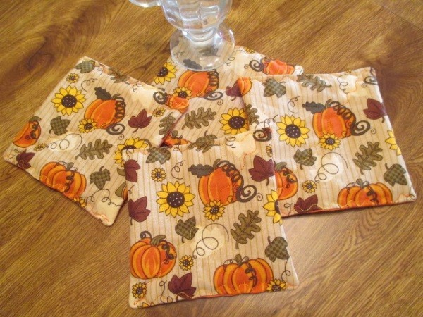 Sunflower & Pumpkin Patch Print Handmade Quilted Coffee Cup, Beverage Coasters