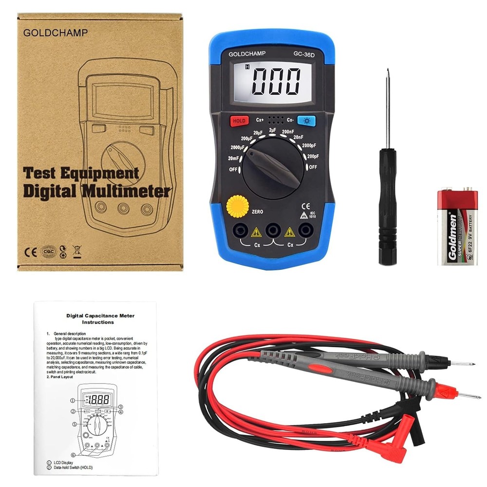 High Precision Capacitor Tester Multimeter 200pF-20mF with LCD Display & Manual