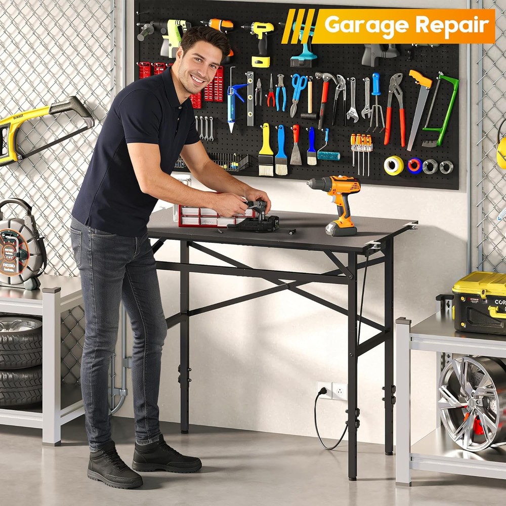 Small Adjustable Height Workbench，Iron Workbench W/ Power Strip 3 Outlets USB