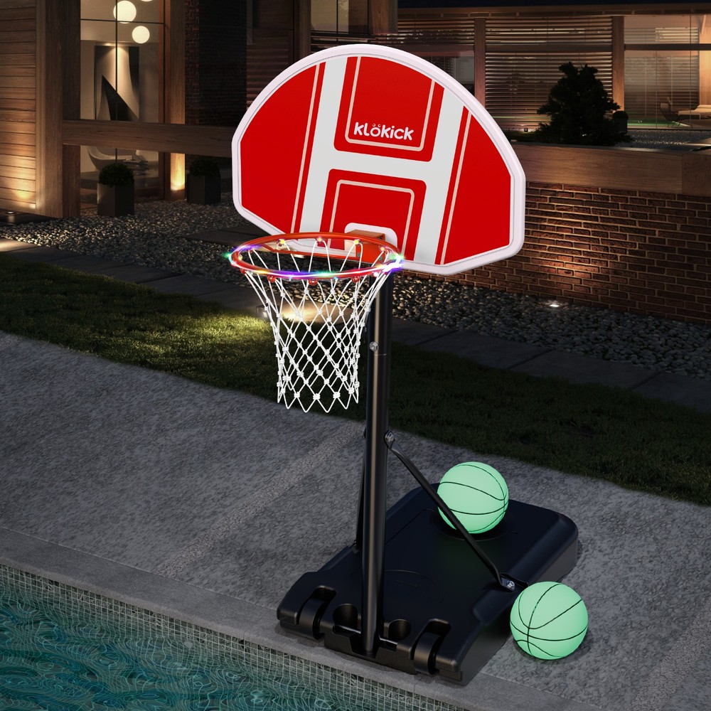 Pool Side Basketball Hoop Adjustable Height LED String Light Swimming Pool Game