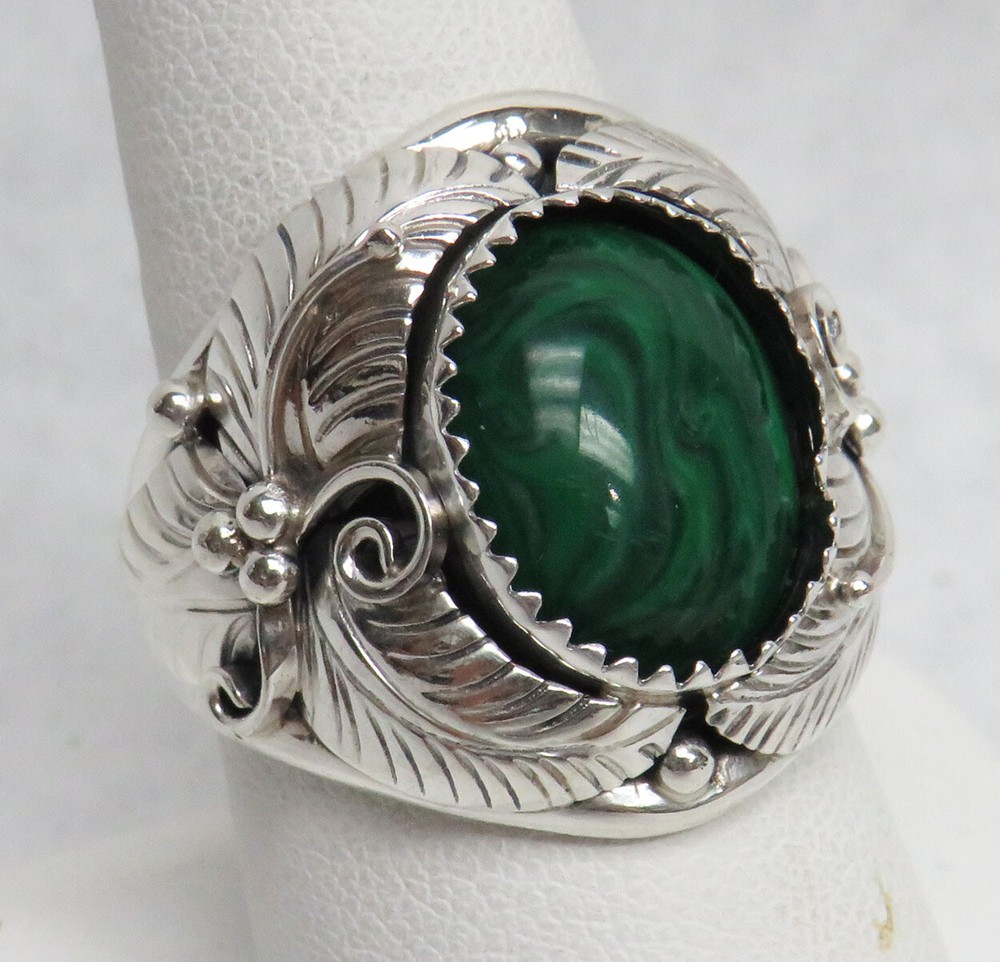 SOUTHWESTERN STERLING SILVER & MALACHITE RING "SIGNED CC" SIZE 9 1/2