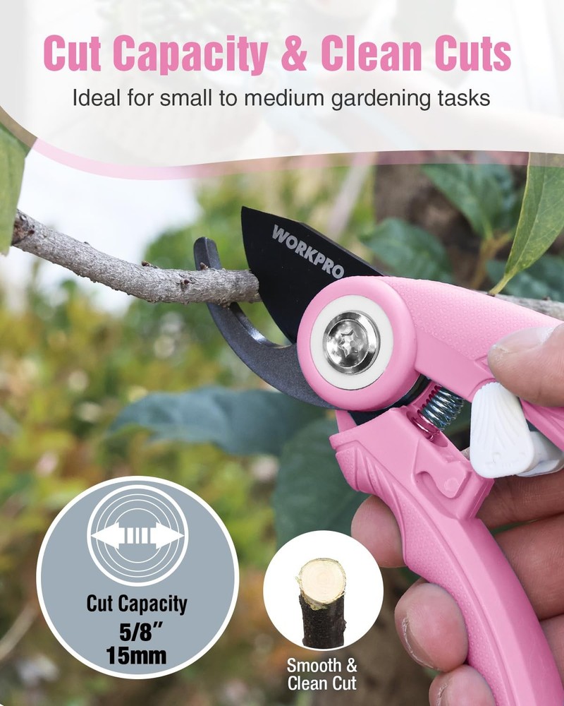 WORKPRO 6.9" Bypass Pruning Shears, Gardening Scissors with Sharp SK5 Pink