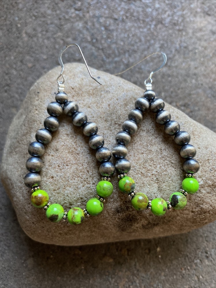 Sterling Silver Green Turquoise W Pearls Bead Loop Earrings.